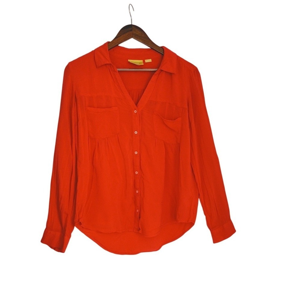 Maeve Anthropologie Orange Red Rayon Button Dn Pocket Shirt S Soft Feminine NWOT